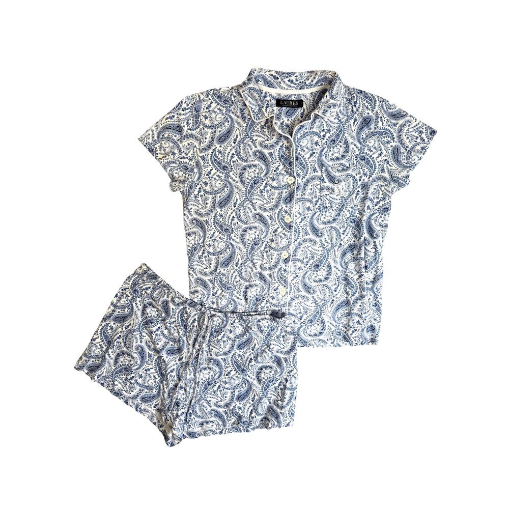 Ralph Lauren Pajama SET Womens Medium Blue Paisley Top Shorts Lounge Preppy